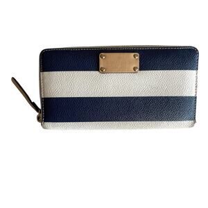 Kate Spade Wellesley Neda Striped Wallet Womens Cream Navy Zip Around Accordion